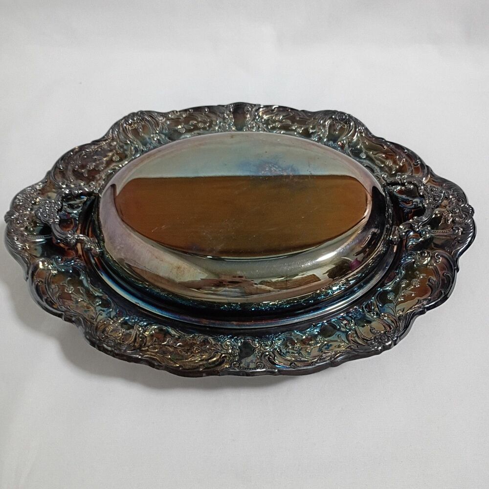 Wallace Silverplate Ornate Oval Platter Tray with Lid Rainbow Patina